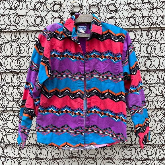 Vintage 80s 90s Wrangler Neon Aztec Southwestern Stripe Boho long sleeve shirt - Picture 1 of 4